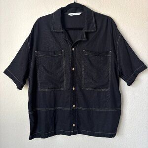 Zara Linen Blend Men's Double Patch Pocket Button Up Short Sleeve Shirt